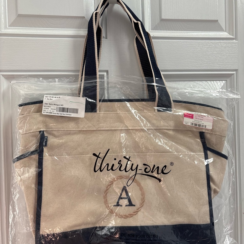 Thirty-One canvas Boat Tote Beige and Navy Tote Bag with “A” monogram